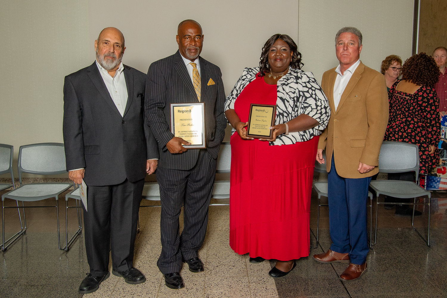 Dr. Nelson Cauthen, Madison County Region 8 Commissioner; Tim Pickett, 30 Year Tenure; Valerie Taylor, 10 Year Tenure, Dave Van, Region 8 Executive Director Not Pictured:  Michael O’Reilly, Madison County Employee of the Year; Debra Manor, 10 Year Tenure